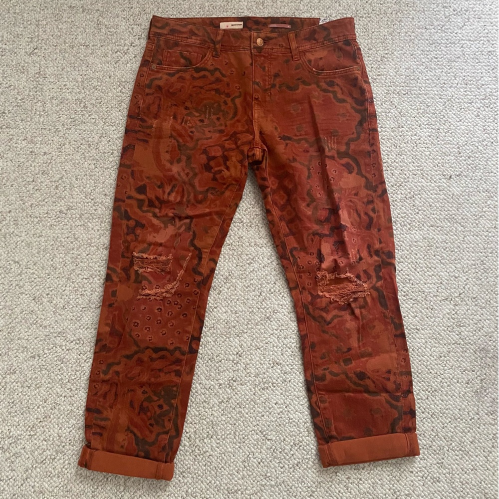 Pilcro Rust Orange Patterned Distressed Capri Jeans